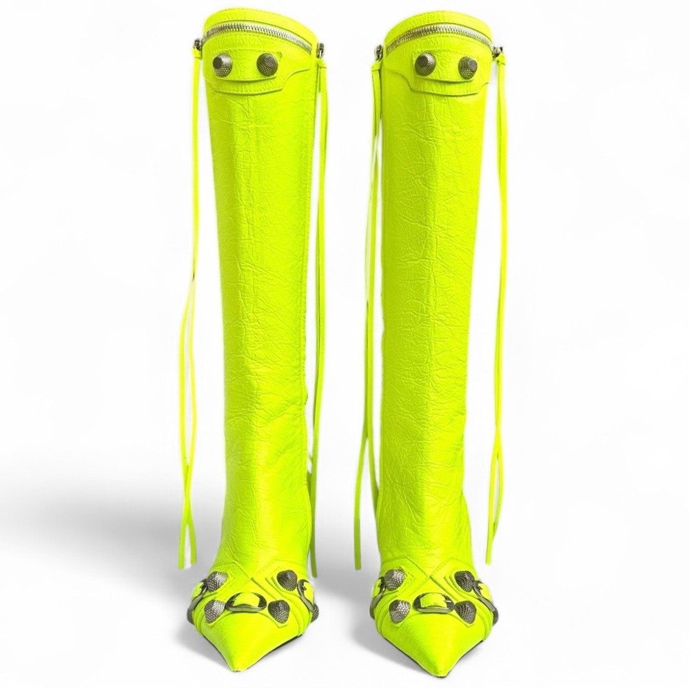 Balenciaga Cagole Leather Knee High Boots Fluo Yellow 90 mm Heels US 6